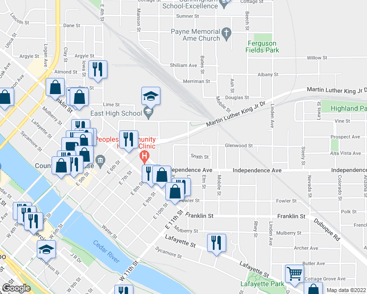 map of restaurants, bars, coffee shops, grocery stores, and more near 218 Glenwood Street in Waterloo