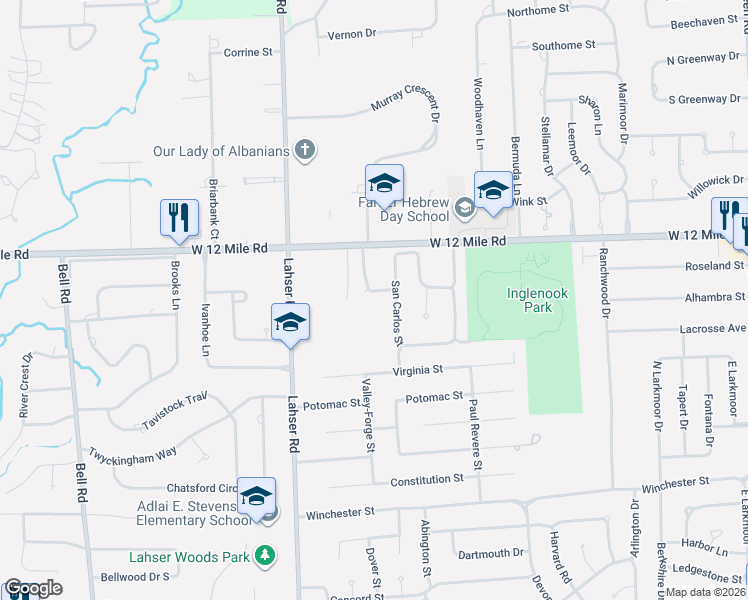 map of restaurants, bars, coffee shops, grocery stores, and more near 28875 Murray Crescent Drive in Southfield