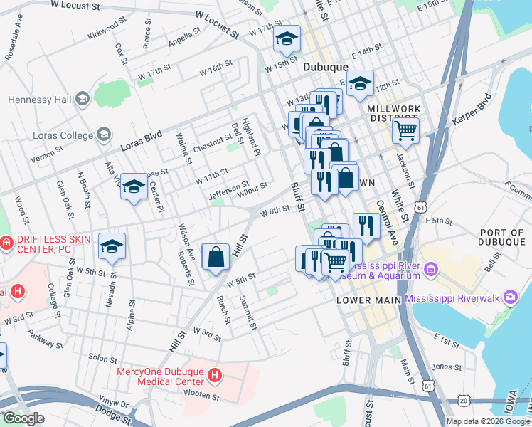 map of restaurants, bars, coffee shops, grocery stores, and more near 554 West 8th Street in Dubuque