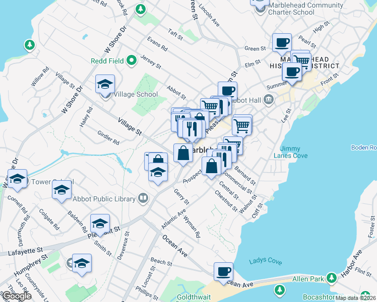 map of restaurants, bars, coffee shops, grocery stores, and more near 189 Pleasant Street in Marblehead