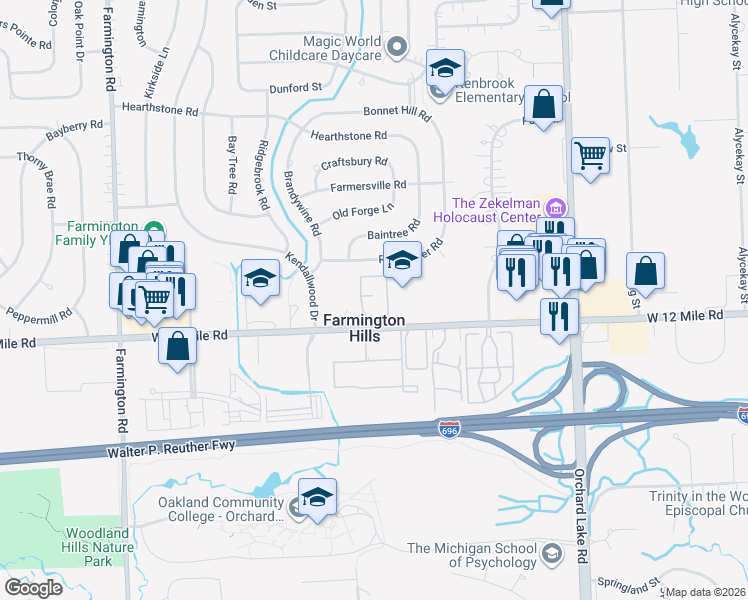 map of restaurants, bars, coffee shops, grocery stores, and more near in Farmington Hills