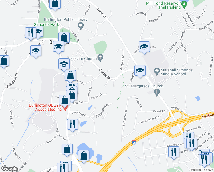map of restaurants, bars, coffee shops, grocery stores, and more near 3 Heather Drive in Burlington