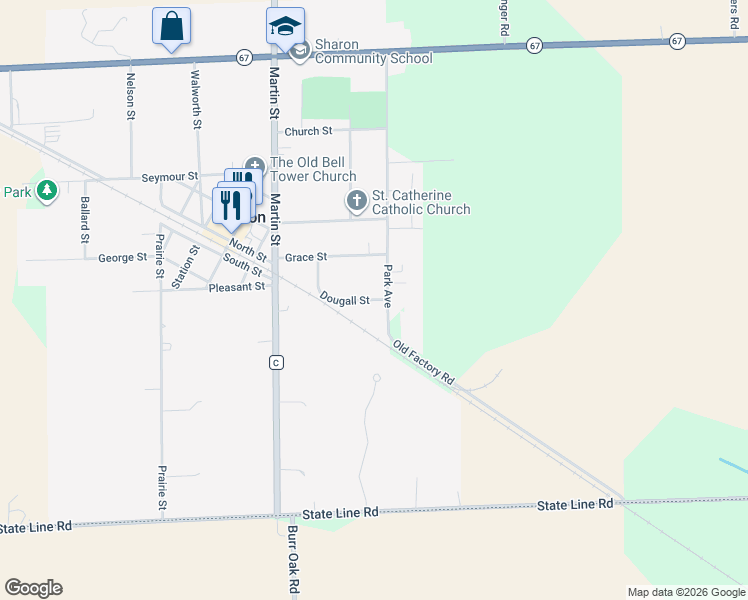 map of restaurants, bars, coffee shops, grocery stores, and more near 185 Dougall Street in Sharon