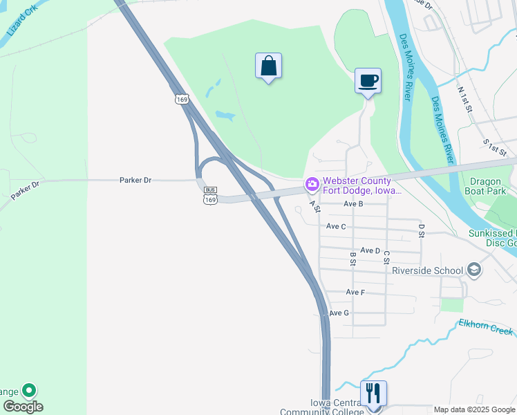 map of restaurants, bars, coffee shops, grocery stores, and more near Highway 169 in Fort Dodge