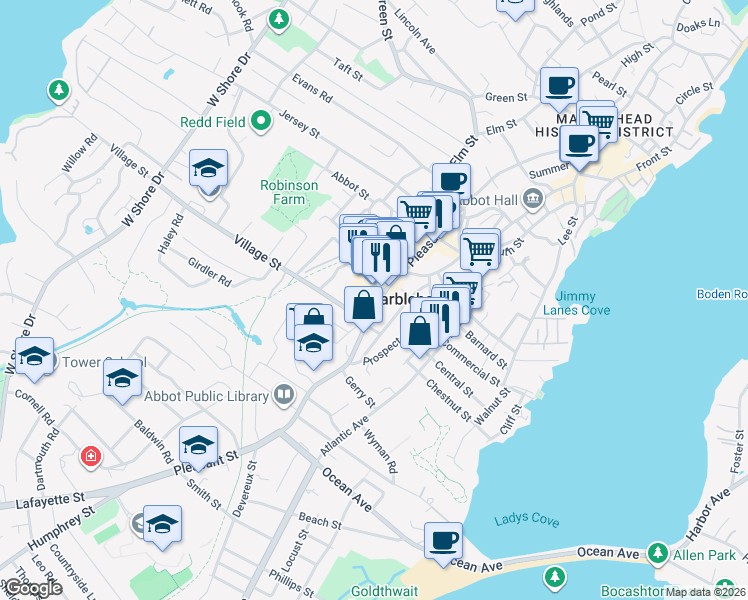 map of restaurants, bars, coffee shops, grocery stores, and more near 189 Pleasant Street in Marblehead