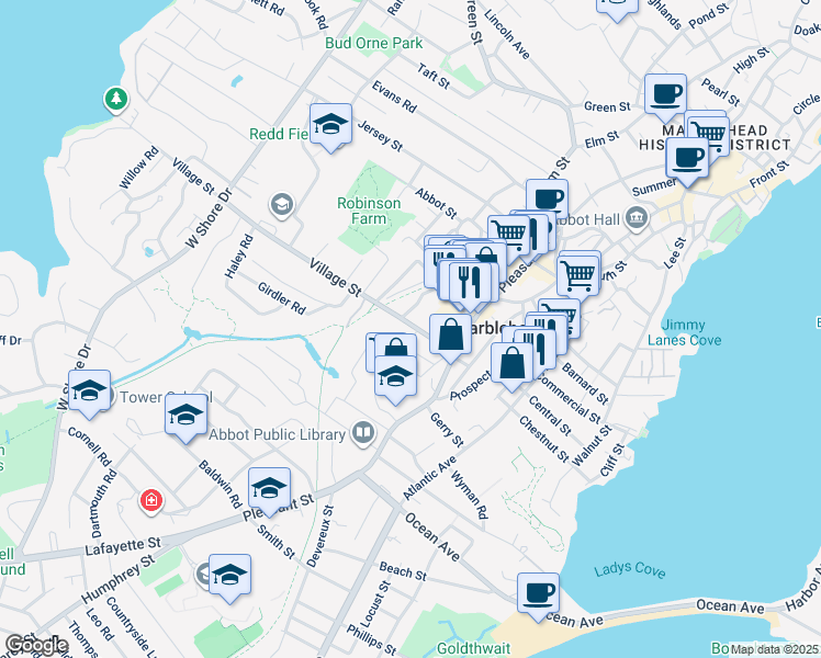 map of restaurants, bars, coffee shops, grocery stores, and more near 19 Vine Street in Marblehead