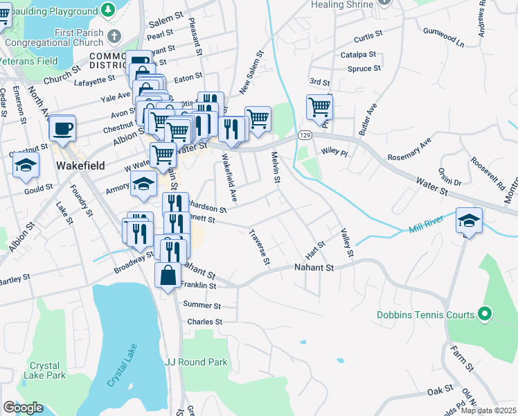 map of restaurants, bars, coffee shops, grocery stores, and more near 53 Bennett Street in Wakefield