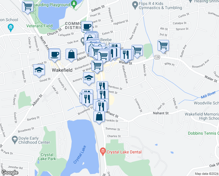 map of restaurants, bars, coffee shops, grocery stores, and more near 4 Bennett Street in Wakefield