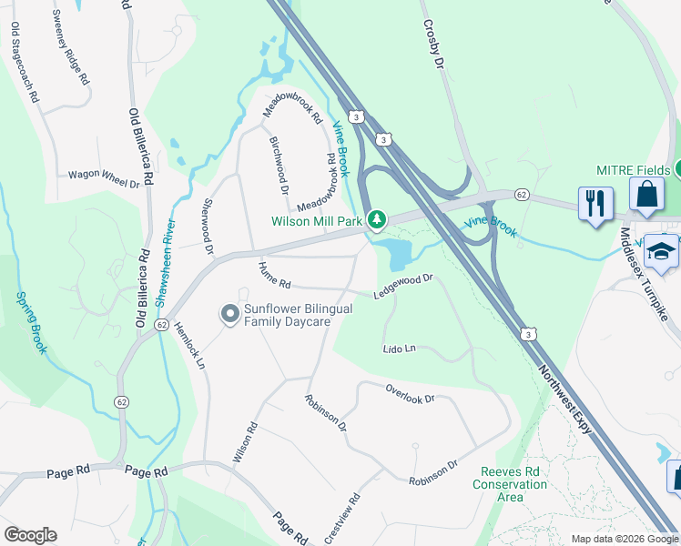 map of restaurants, bars, coffee shops, grocery stores, and more near 111 Wilson Road in Bedford