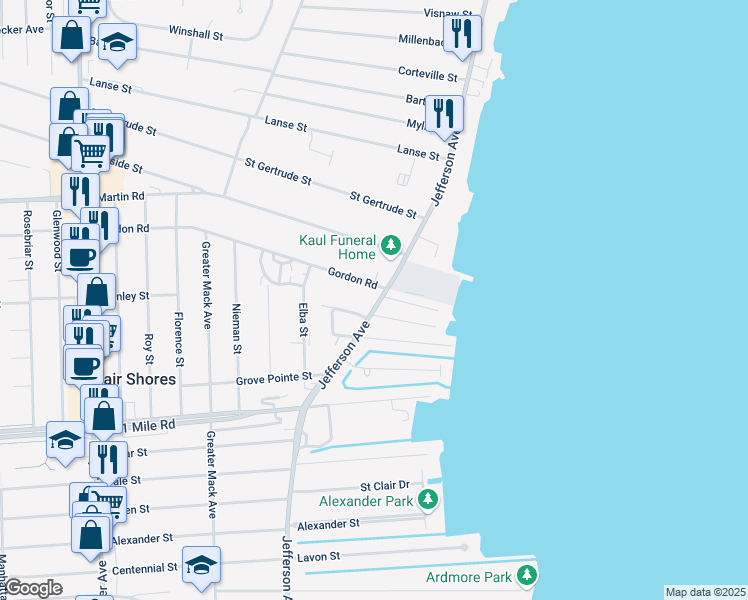 map of restaurants, bars, coffee shops, grocery stores, and more near 22705 Gordon Switch Street in St. Clair Shores