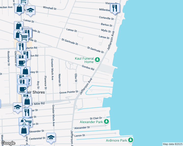 map of restaurants, bars, coffee shops, grocery stores, and more near 22705 Gordon Switch Street in St. Clair Shores