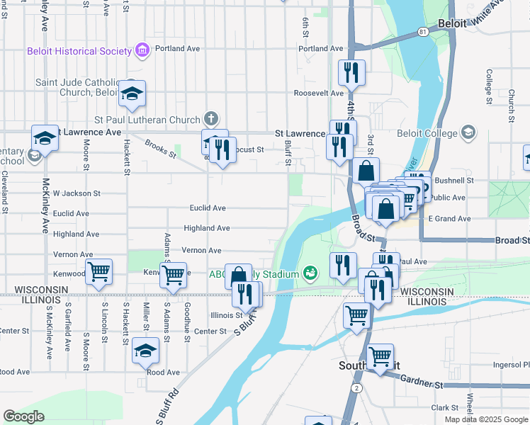 map of restaurants, bars, coffee shops, grocery stores, and more near 329 Highland Avenue in Beloit