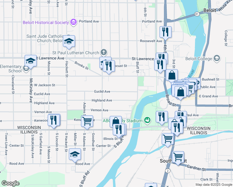 map of restaurants, bars, coffee shops, grocery stores, and more near 503 Highland Avenue in Beloit