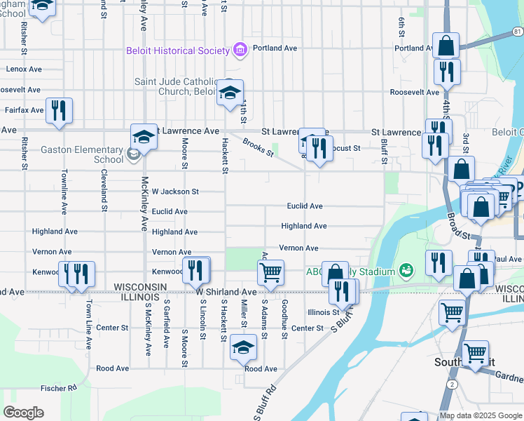 map of restaurants, bars, coffee shops, grocery stores, and more near 755 Highland Avenue in Beloit