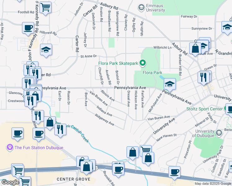 map of restaurants, bars, coffee shops, grocery stores, and more near 1662 Alpha Avenue in Dubuque