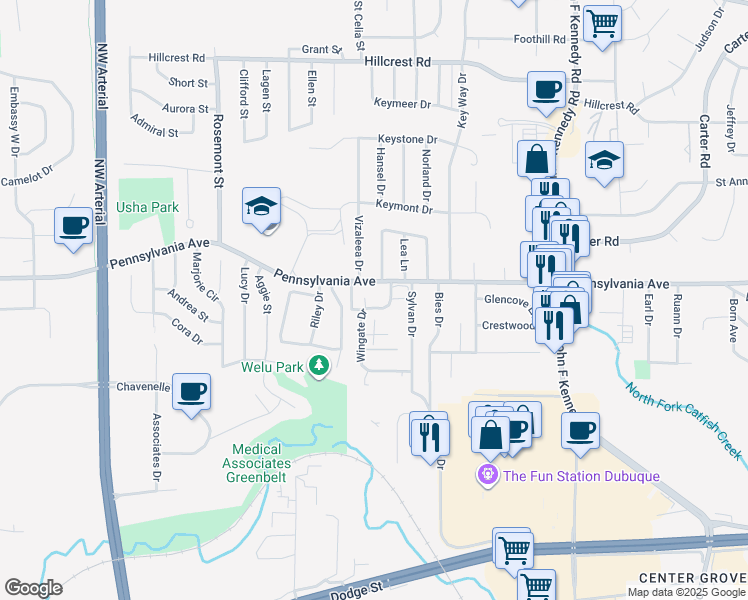 map of restaurants, bars, coffee shops, grocery stores, and more near 1620 Wingate Drive in Dubuque