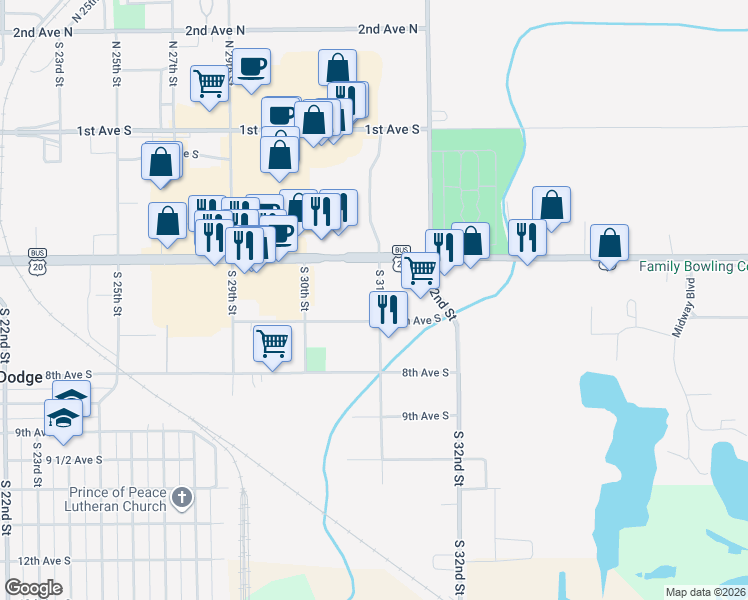 map of restaurants, bars, coffee shops, grocery stores, and more near 524 South 31st Street in Fort Dodge