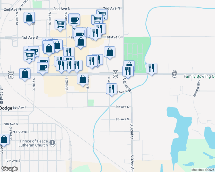 map of restaurants, bars, coffee shops, grocery stores, and more near 524 South 31st Street in Fort Dodge