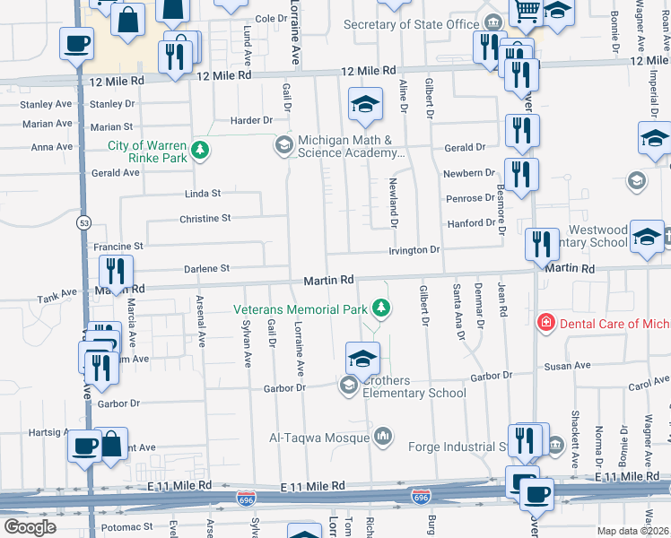 map of restaurants, bars, coffee shops, grocery stores, and more near 27994 Los Olas Drive in Warren