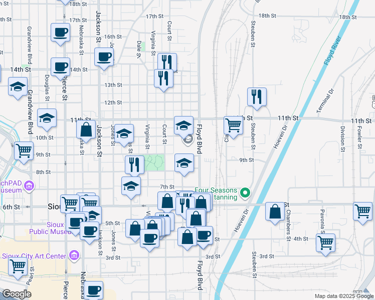 map of restaurants, bars, coffee shops, grocery stores, and more near 901 Floyd Boulevard in Sioux City