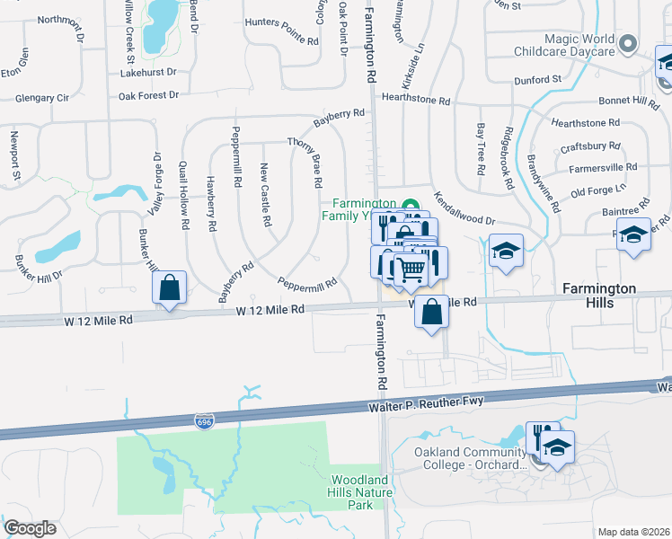 map of restaurants, bars, coffee shops, grocery stores, and more near 27850 Peppermill Road in Farmington Hills