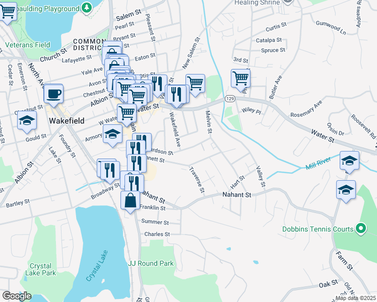 map of restaurants, bars, coffee shops, grocery stores, and more near 46 Richardson Street in Wakefield