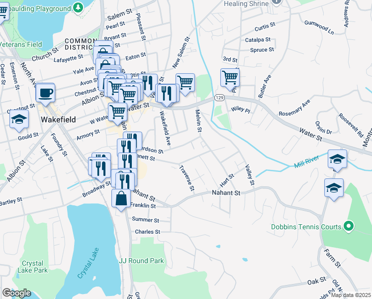 map of restaurants, bars, coffee shops, grocery stores, and more near 53 Bennett Street in Wakefield