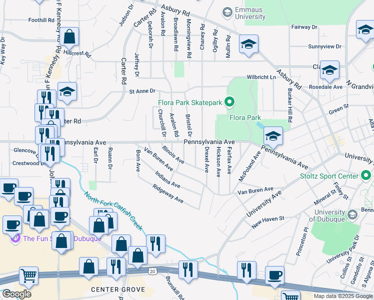 map of restaurants, bars, coffee shops, grocery stores, and more near 1662 Alpha Avenue in Dubuque