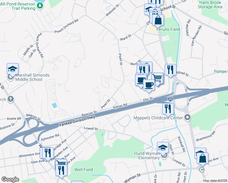 map of restaurants, bars, coffee shops, grocery stores, and more near 14 Westgate Drive in Woburn