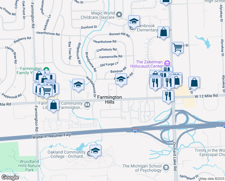 map of restaurants, bars, coffee shops, grocery stores, and more near in Farmington Hills