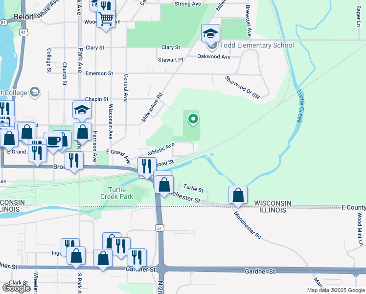 map of restaurants, bars, coffee shops, grocery stores, and more near 1533 Keep Street in Beloit