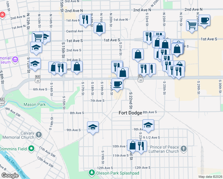 map of restaurants, bars, coffee shops, grocery stores, and more near 2001 6th Avenue South in Fort Dodge