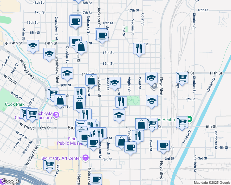 map of restaurants, bars, coffee shops, grocery stores, and more near 817 9th Street in Sioux City
