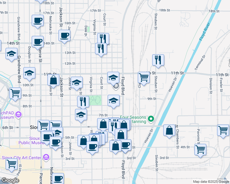 map of restaurants, bars, coffee shops, grocery stores, and more near 901 Floyd Boulevard in Sioux City