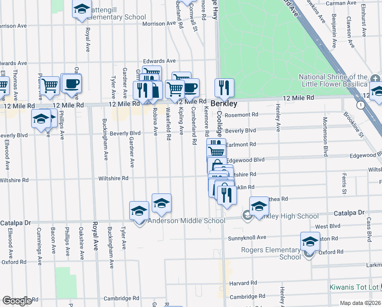 map of restaurants, bars, coffee shops, grocery stores, and more near 2994 Kipling Avenue in Berkley