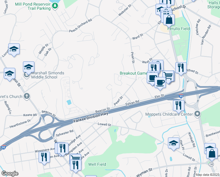 map of restaurants, bars, coffee shops, grocery stores, and more near 105 Westgate Drive in Burlington
