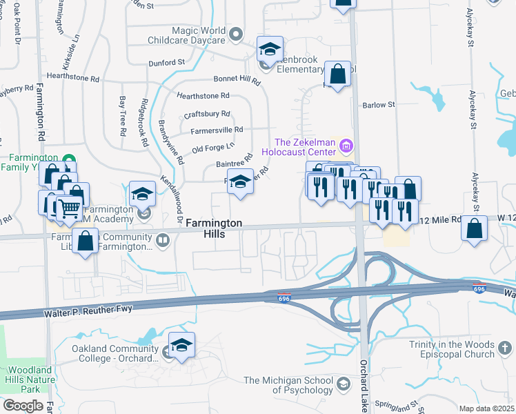 map of restaurants, bars, coffee shops, grocery stores, and more near 32200 West 12 Mile Road in Farmington Hills