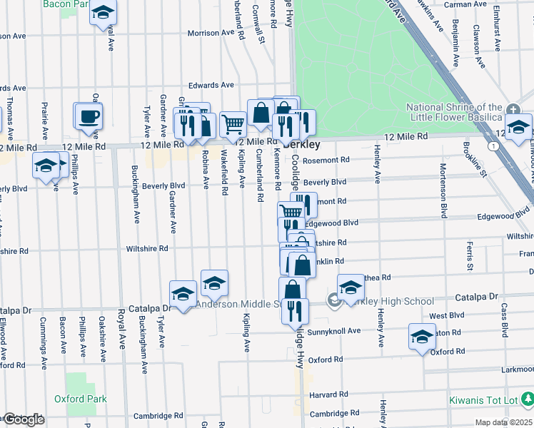 map of restaurants, bars, coffee shops, grocery stores, and more near 3010 Cumberland Road in Berkley