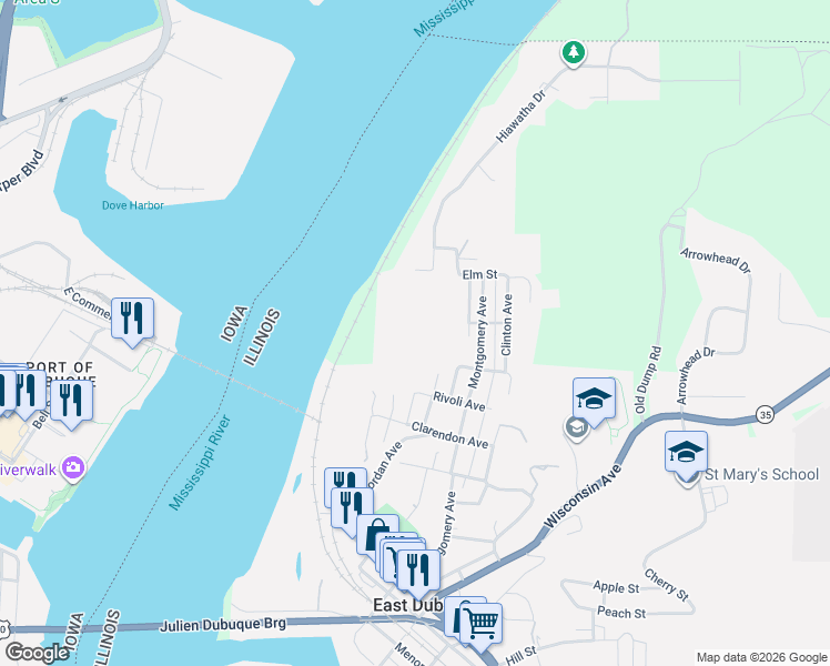 map of restaurants, bars, coffee shops, grocery stores, and more near 737 Livingston Court in East Dubuque