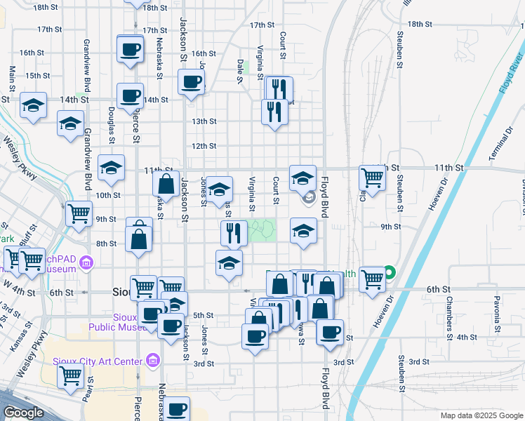 map of restaurants, bars, coffee shops, grocery stores, and more near 1000-1048 9th Street in Sioux City