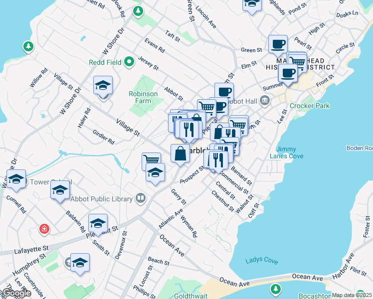 map of restaurants, bars, coffee shops, grocery stores, and more near in Marblehead