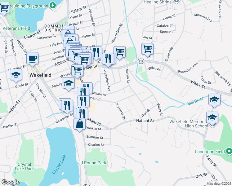 map of restaurants, bars, coffee shops, grocery stores, and more near 53 Bennett Street in Wakefield