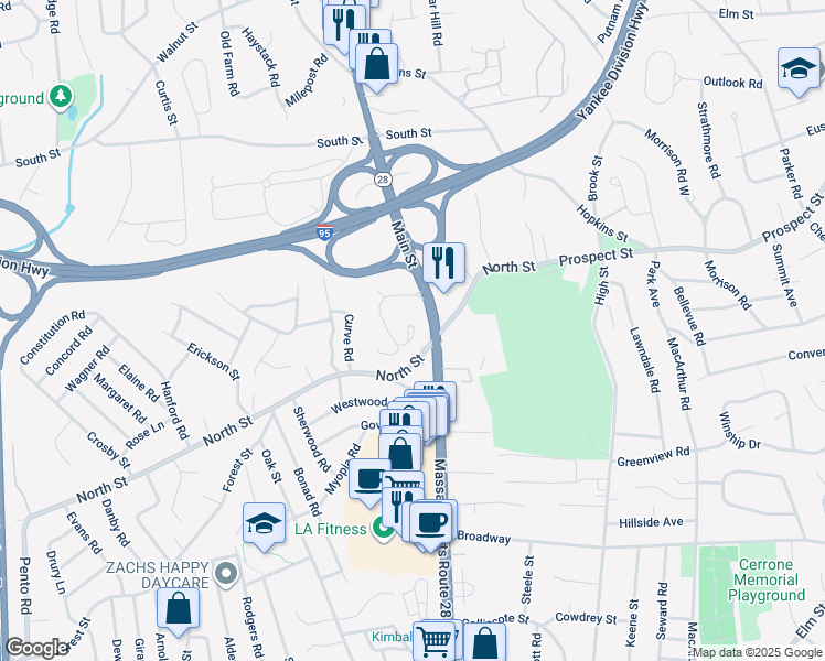map of restaurants, bars, coffee shops, grocery stores, and more near 65 North Street in Stoneham