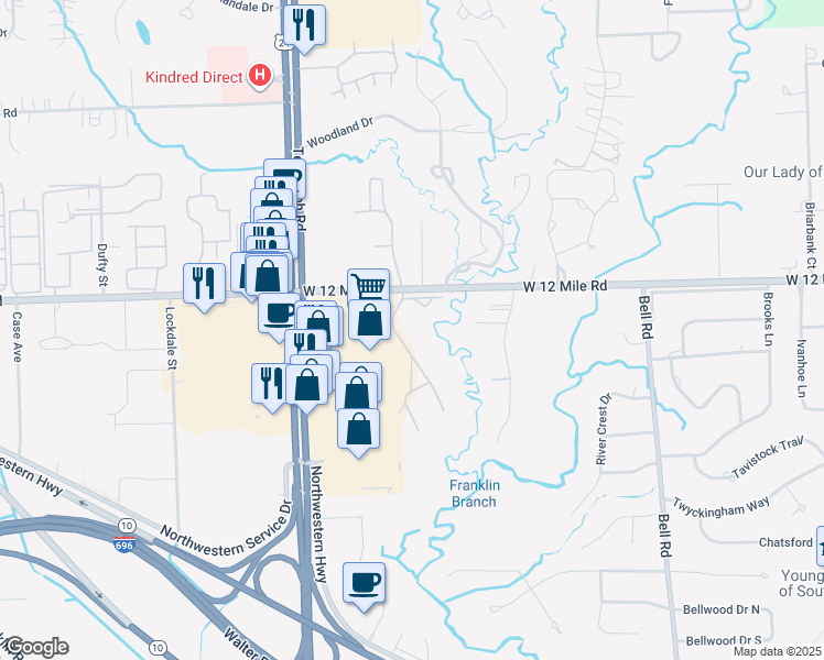 map of restaurants, bars, coffee shops, grocery stores, and more near 28762 Franklin River Drive in Southfield