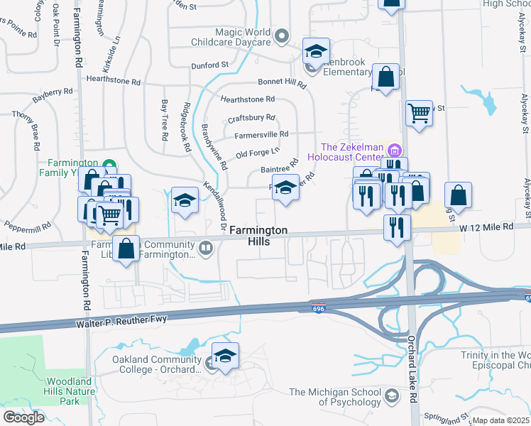 map of restaurants, bars, coffee shops, grocery stores, and more near in Farmington Hills