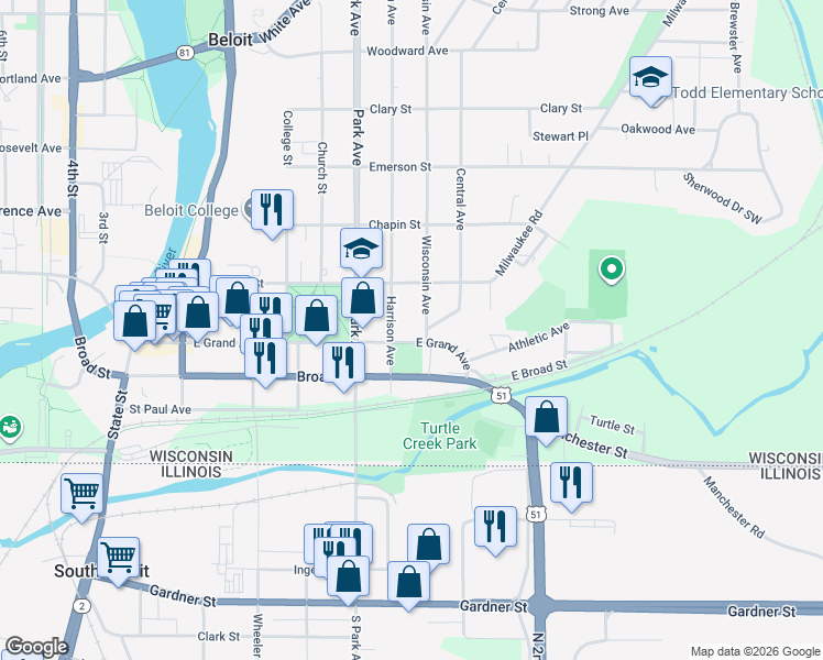 map of restaurants, bars, coffee shops, grocery stores, and more near 1012 East Grand Avenue in Beloit