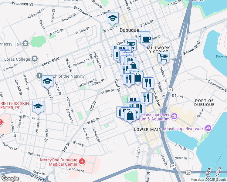 map of restaurants, bars, coffee shops, grocery stores, and more near in Dubuque