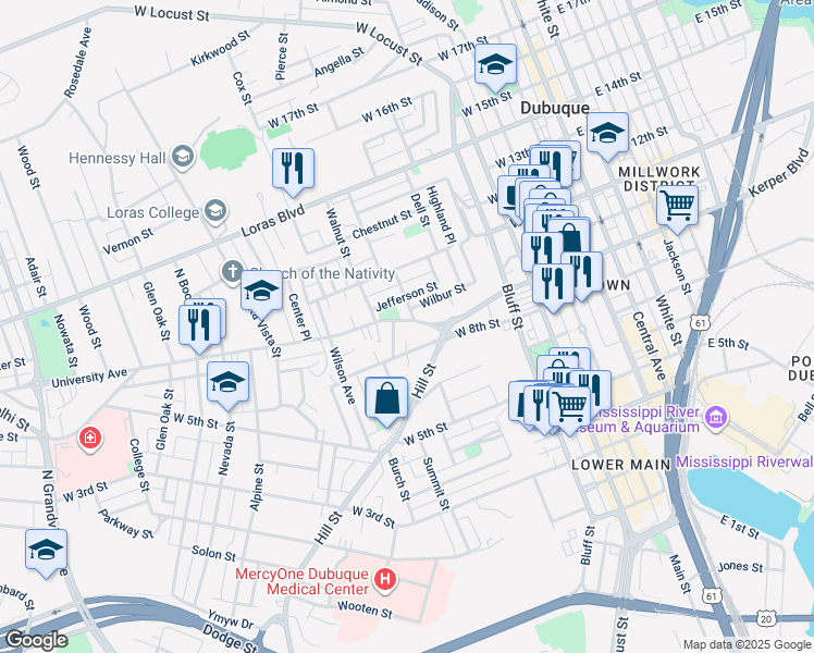 map of restaurants, bars, coffee shops, grocery stores, and more near 651 West 8th Street in Dubuque