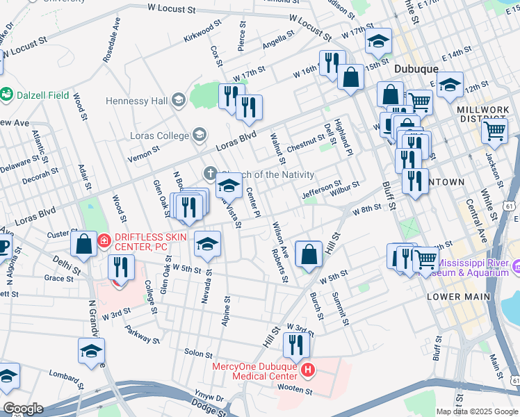 map of restaurants, bars, coffee shops, grocery stores, and more near 950 University Avenue in Dubuque