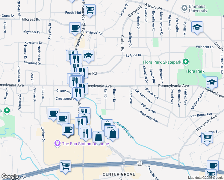map of restaurants, bars, coffee shops, grocery stores, and more near 1620 Earl Drive in Dubuque